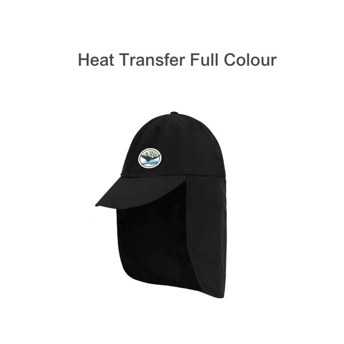 A black baseball cap with a neck flap and a logo on the front.