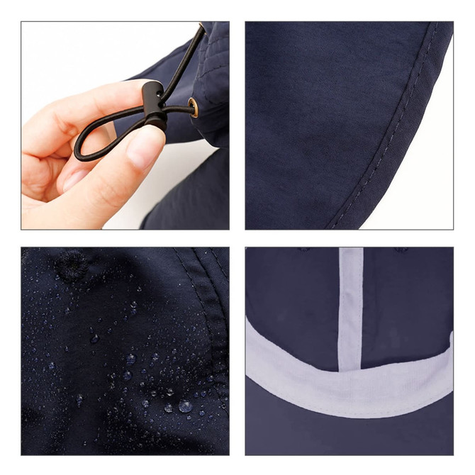 A navy blue baseball cap with a neck flap featuring a toggle for adjustment and water-resistant details.