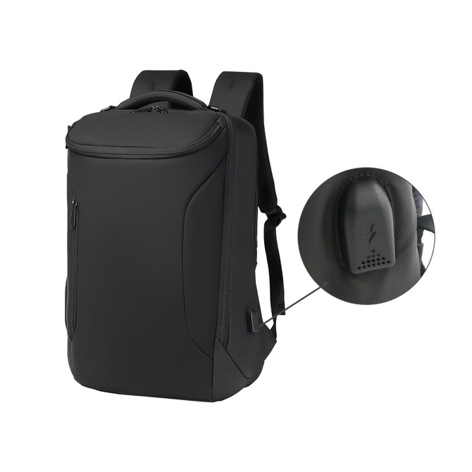 A sleek black waterproof business backpack featuring adjustable straps and a logo on the side.