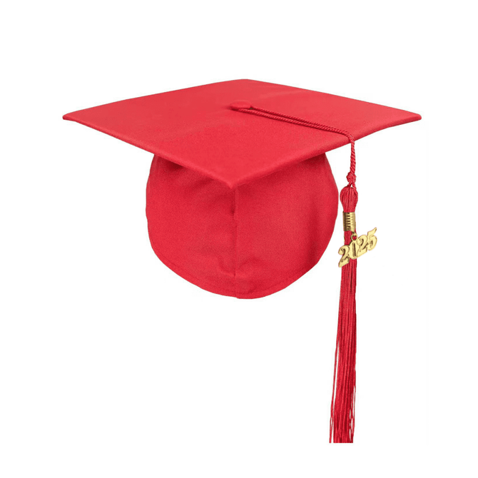 A red mortarboard graduation cap with a gold tassel and 2025 tag attached.