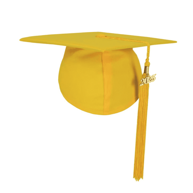 A yellow mortarboard graduation cap with a tassel featuring the year 2025. It has a simple design and a logo.