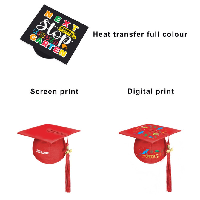 A red mortarboard graduation cap with decorative elements and a tassel, featuring print designs and a logo.