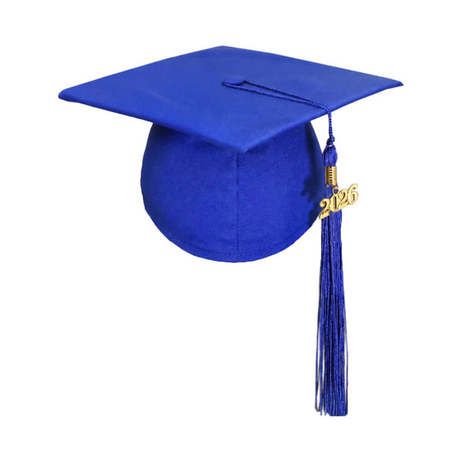 A blue mortarboard graduation cap featuring a gold tassel labelled '2026'. It has a classic flat design.