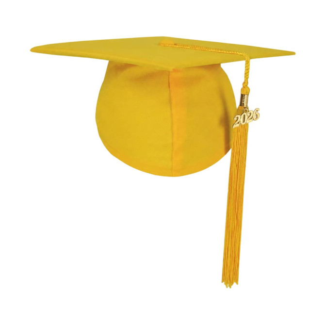 A yellow mortarboard graduation cap with a tassel featuring the year 2026 and a logo.