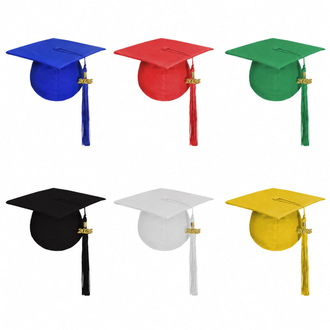 A collection of mortarboard graduation caps in blue, red, green, black, white, and yellow, each with a tassel and a logo.