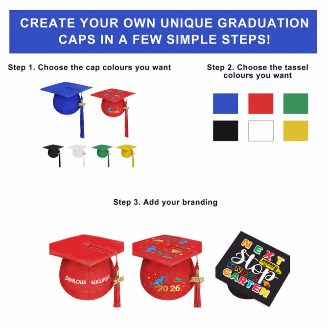 A selection of mortarboard graduation caps in blue, red, yellow, green, white, and black, with branding options available.