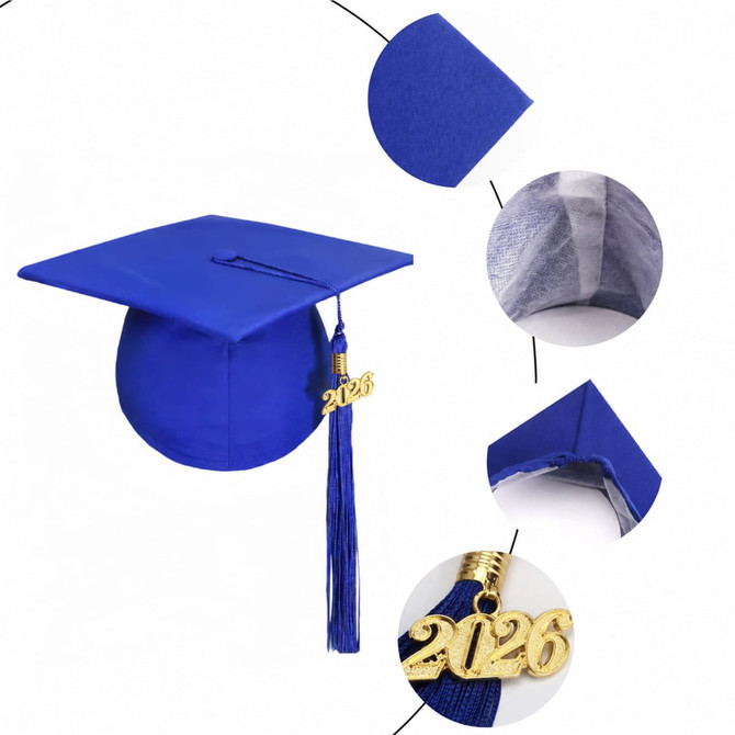 A blue mortarboard graduation cap with a 2026 tassel and detailed fabric sections. Features a logo on the underside.