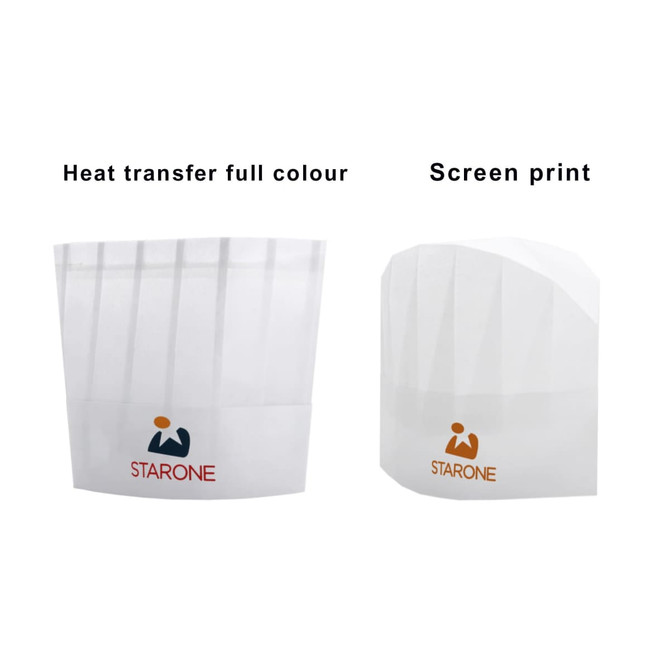 A white disposable non-woven kids chef hat featuring an orange and blue logo, shown from two angles.