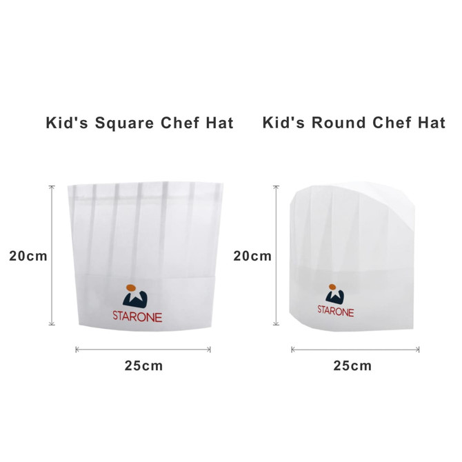 Two kids' chef hats, one square and one round, both white and 20cm tall with a logo on them.