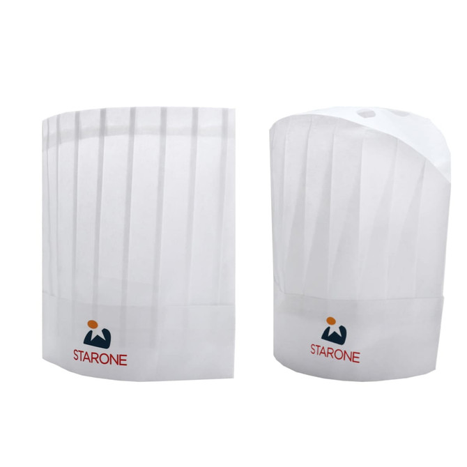 A white disposable non-woven chef hat, featuring pleats and a logo, measuring 29cm in height.
