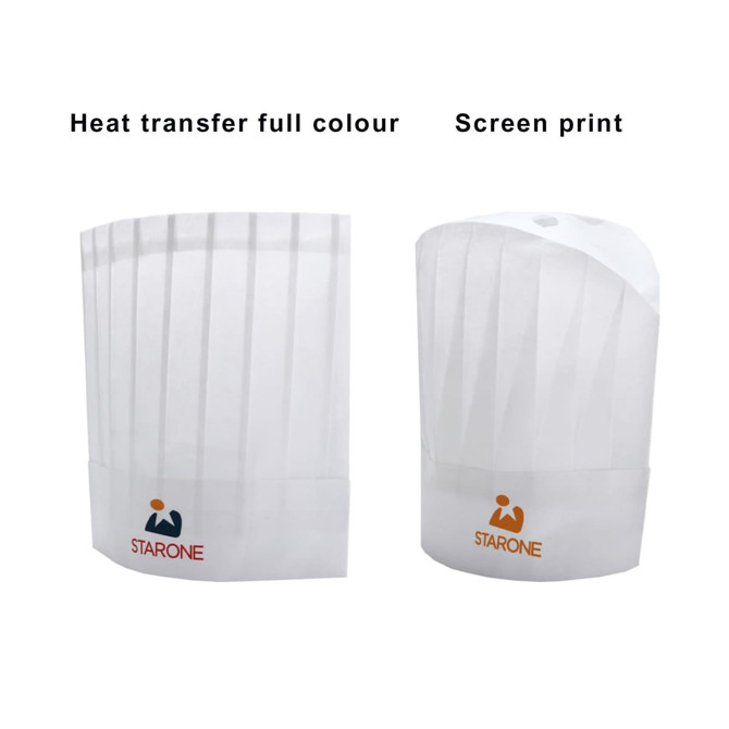 A white disposable chef hat with pleats, featuring a logo. Two styles are shown: heat transfer and screen print.