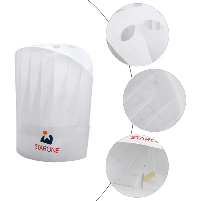 A white disposable non-woven chef hat with pleated design and a logo at the base.