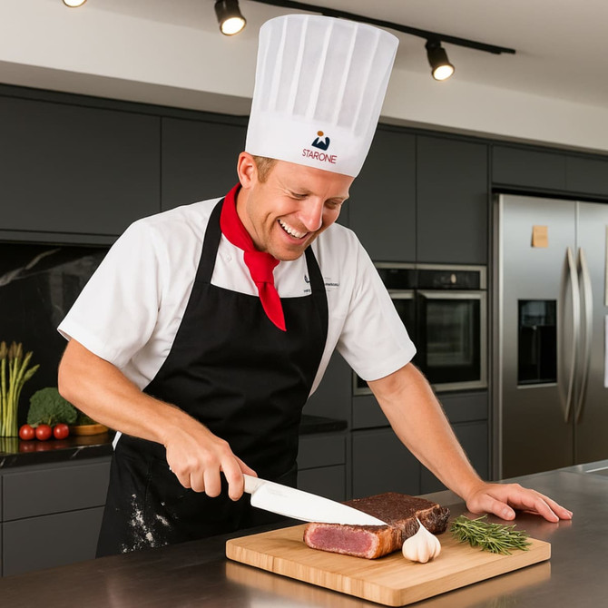 A chef in a white disposable non-woven hat is slicing meat on a wooden cutting board in a modern kitchen.