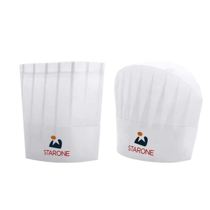 A disposable non-woven chef hat in white, featuring pleats and a logo on the front.