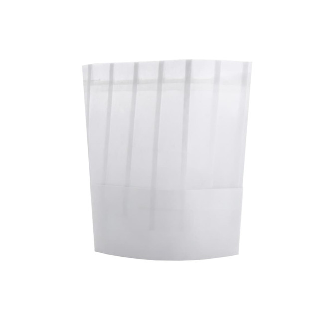 A disposable non-woven chef hat in white, featuring vertical pleats and a rounded top.