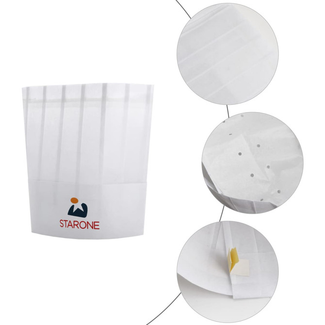 A disposable non-woven chef hat in white, featuring a logo and subtle perforations for breathability.