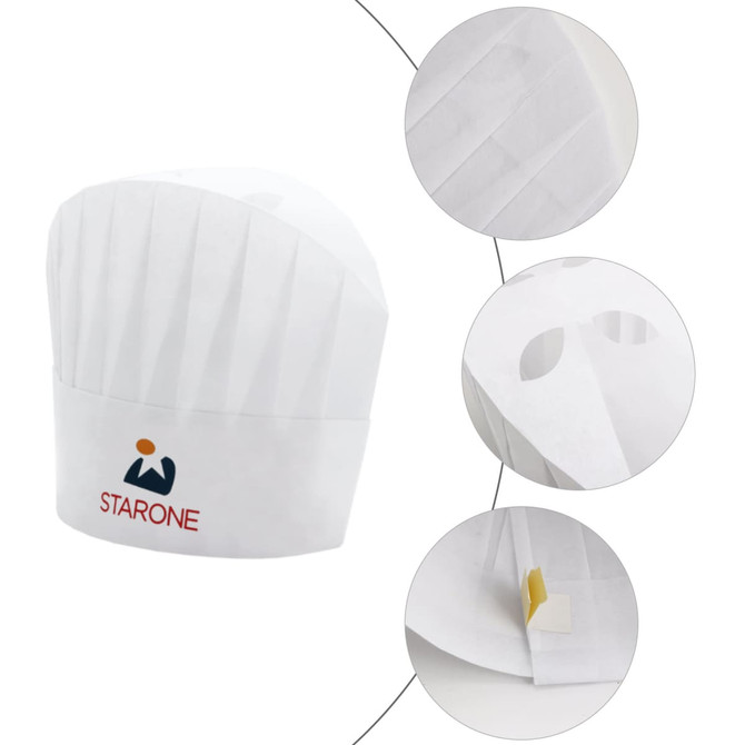 A white disposable non-woven chef hat featuring a logo, showcasing its structured design and fastening detail.