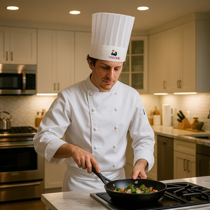 A chef wearing a white non-woven chef hat cooks in a kitchen, using a frying pan with vegetables. The kitchen has modern appliances.