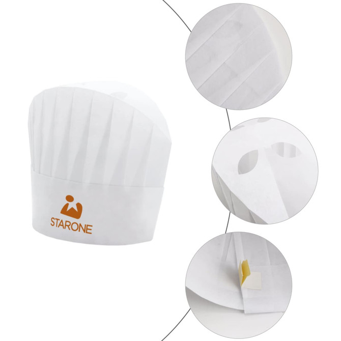 A white disposable non-woven chef hat with pleats, featuring a logo, demonstrating various angles and details.