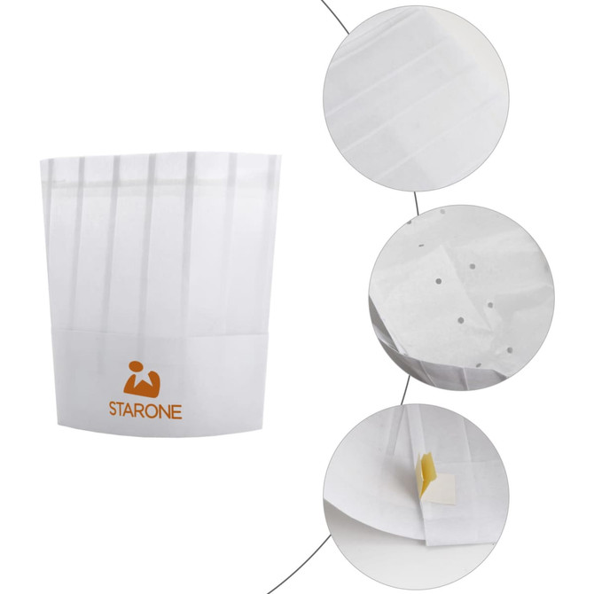 A disposable non-woven chef hat in white, featuring a logo and ventilation holes for comfort.