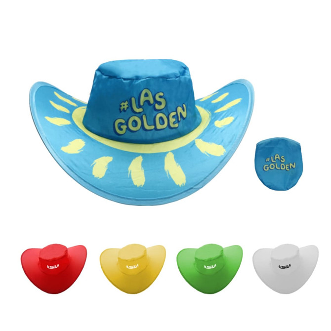 A foldable cowboy hat in blue with yellow accents and a pouch, featuring a logo. Also available in red, yellow, green, and white.
