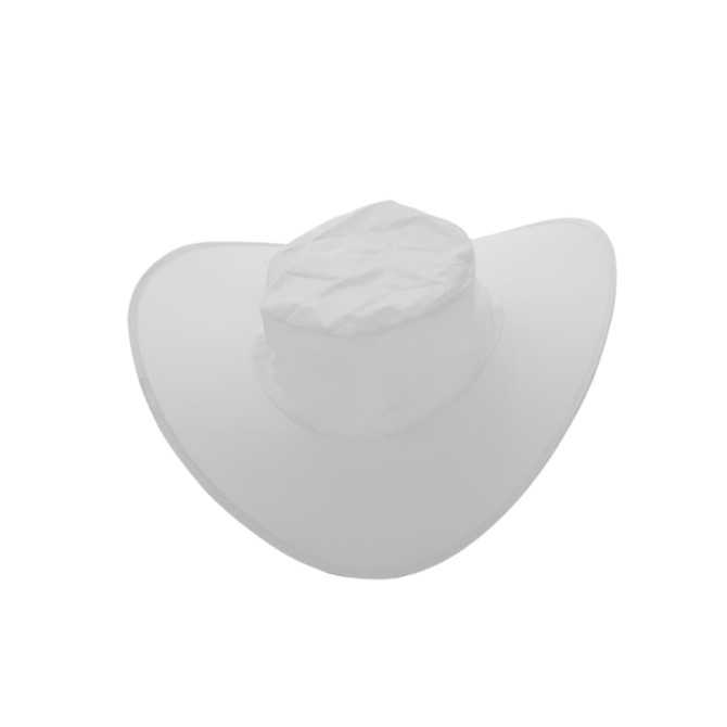 A foldable white cowboy hat displayed flat, featuring a pouch for easy storage. It has a simple, classic design.