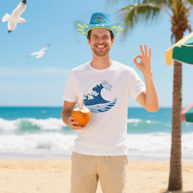 A man wearing a blue foldable cowboy hat holds an orange drink on a beach, with palm trees and seagulls in the background.