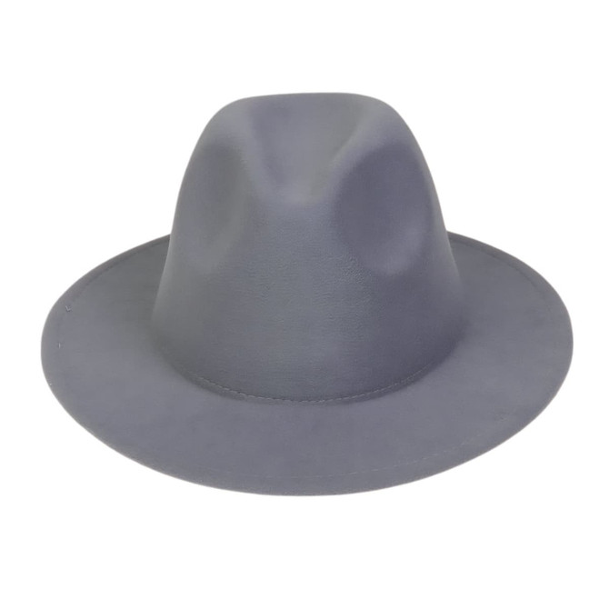 A grey felt wide brim fedora hat with a smooth finish and a rounded crown. Includes a branding logo.