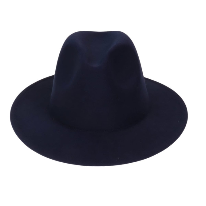 A navy felt wide brim fedora hat with a rounded crown and a wide brim, featuring a subtle logo.