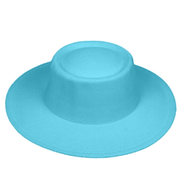 A flat top felt fedora hat in a bright aqua blue colour, featuring a simple design and no visible branding.