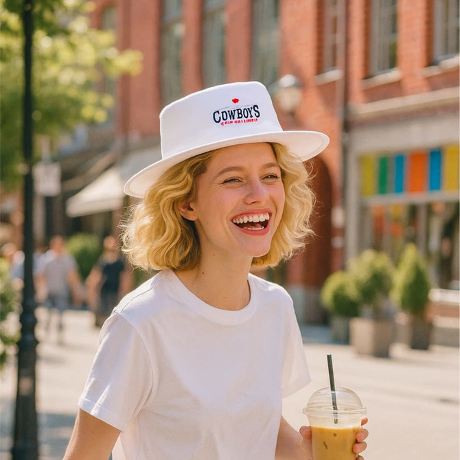 A woman wearing a white felt fedora hat and a plain white t-shirt is smiling while holding a drink.