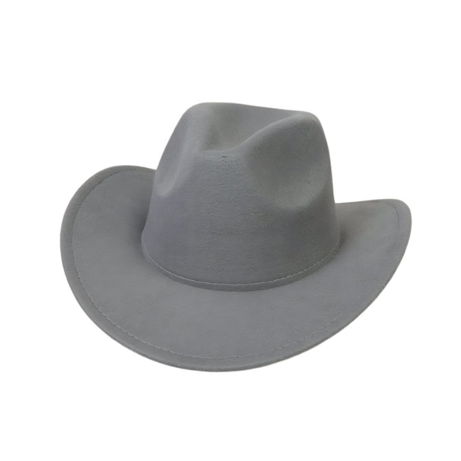 A grey felt cowboy hat with a wide brim and a slightly raised crown, featuring a simple design.