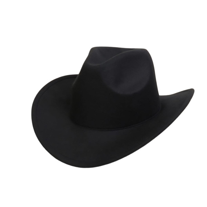 A classic black felt fedora cowboy hat with a wide brim and structured crown. Features a logo.