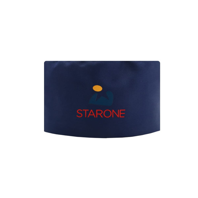 A navy blue chef skull cap featuring a logo.