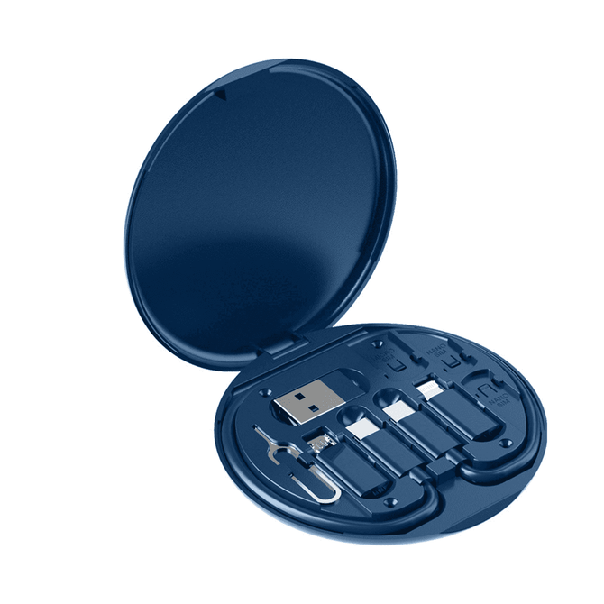 A circular navy blue kit contains various cables and a USB drive, arranged neatly inside a compact case.