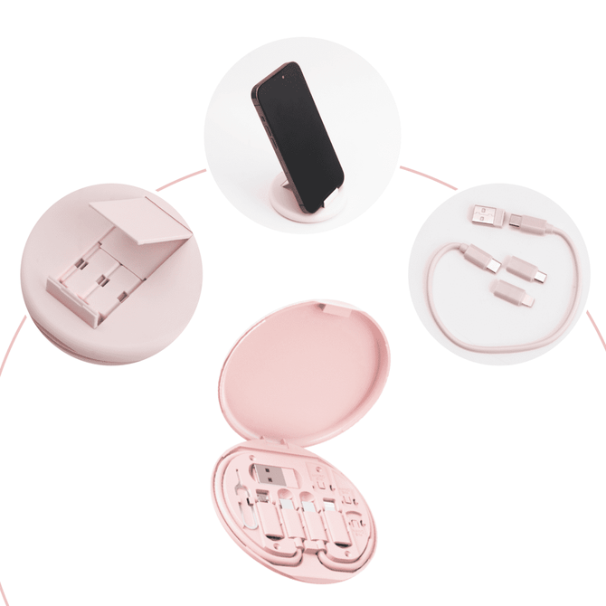 A pink circular case containing various cables and accessories, with a phone stand and a phone on display.
