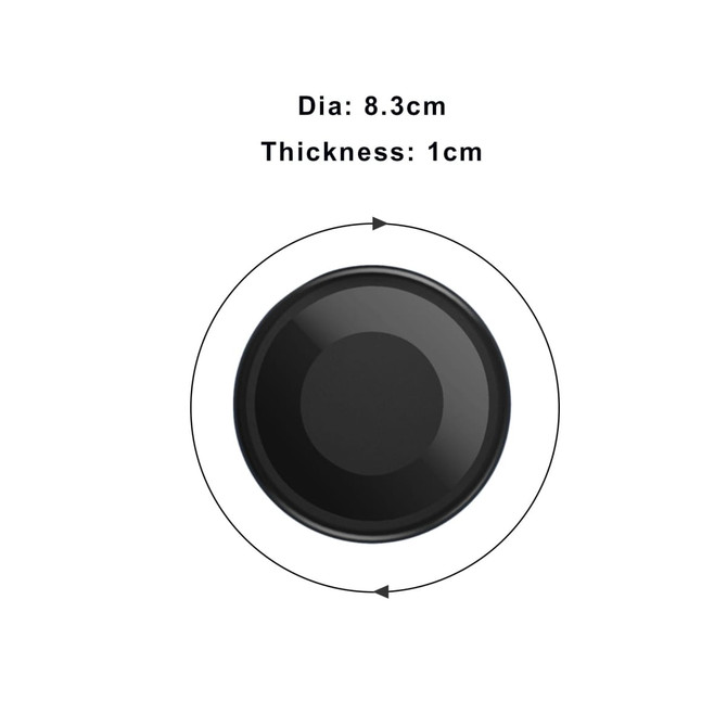 A round, black product with a diameter of 8.3 cm and a thickness of 1 cm, featuring a glossy finish.