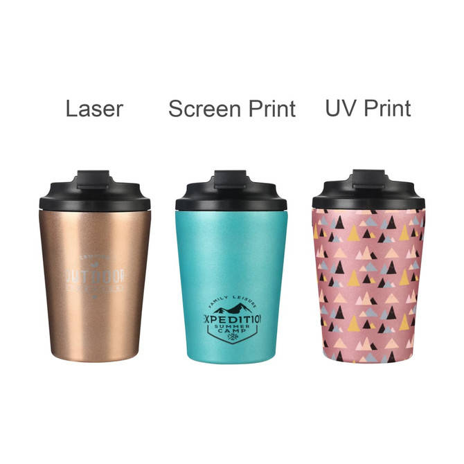 A drink bottle set featuring three stainless steel coffee mugs in bronze, teal, and pink geometric patterns, each with a black lid.