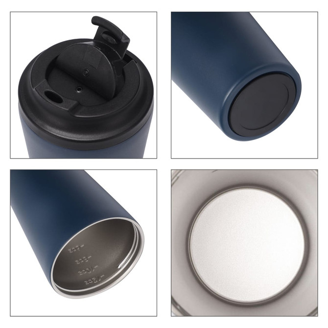 A navy stainless steel coffee mug with a spray-painted finish, featuring a black lid and a logo.