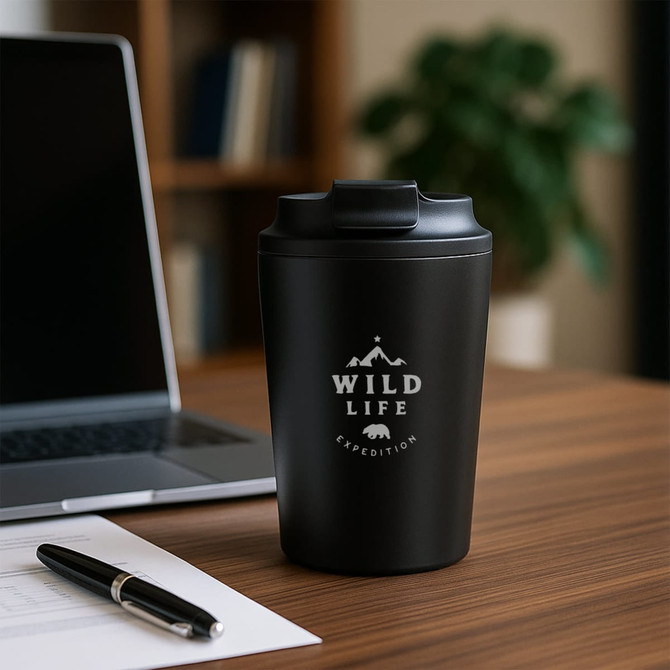 A black stainless steel coffee mug with a lid and a logo, placed on a wooden table near a laptop and paperwork.