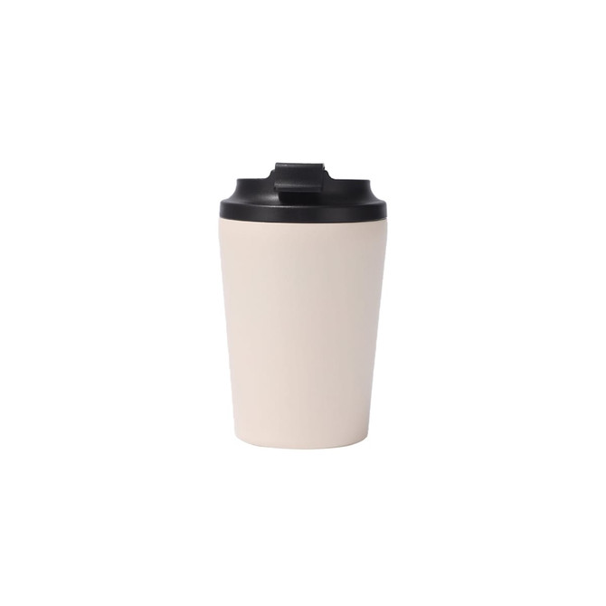 A powder-coated stainless steel coffee mug in cream with a black lid. It features a logo on the surface.