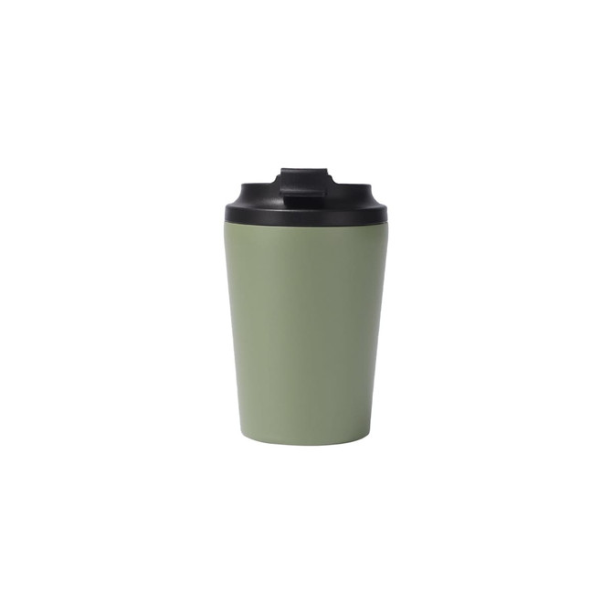 A green 350ML powder-coated stainless steel coffee mug with a black lid and branding visible.