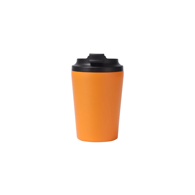 An orange powder-coated stainless steel coffee mug with a black lid and a sleek design.