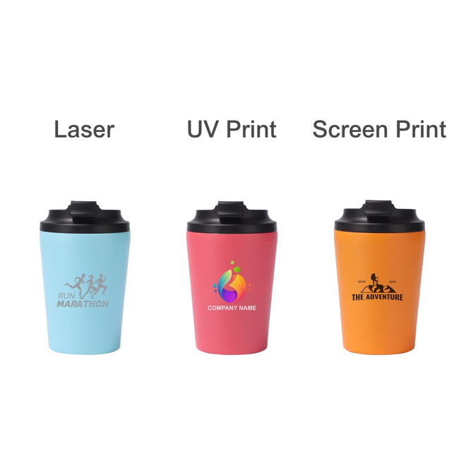 A range of 350ML powder coated stainless steel coffee mugs in blue, pink, and orange, each with a logo.