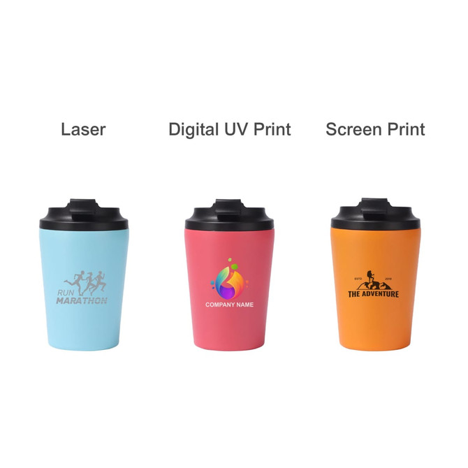 A drink bottle featuring three colourful powder-coated stainless steel coffee mugs with various logos and designs.