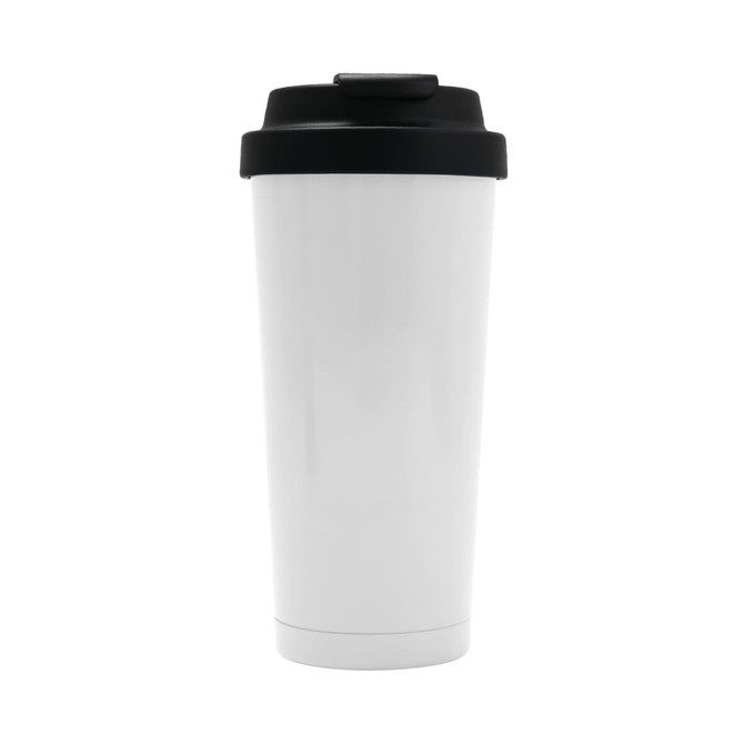 A drink bottle in white with a black lid, featuring a logo on the side. A drink bottle in white with a black lid, featuring a logo on the side.