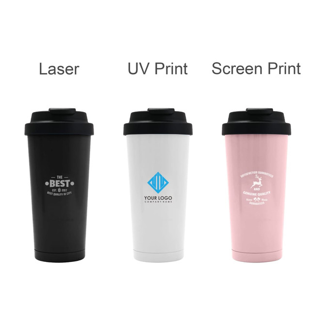A drink bottle trio featuring a black, white, and pink 400ML stainless steel vacuum tumbler with a logo. A drink bottle trio featuring a black, white, and pink 400ML stainless steel vacuum tumbler with a logo.