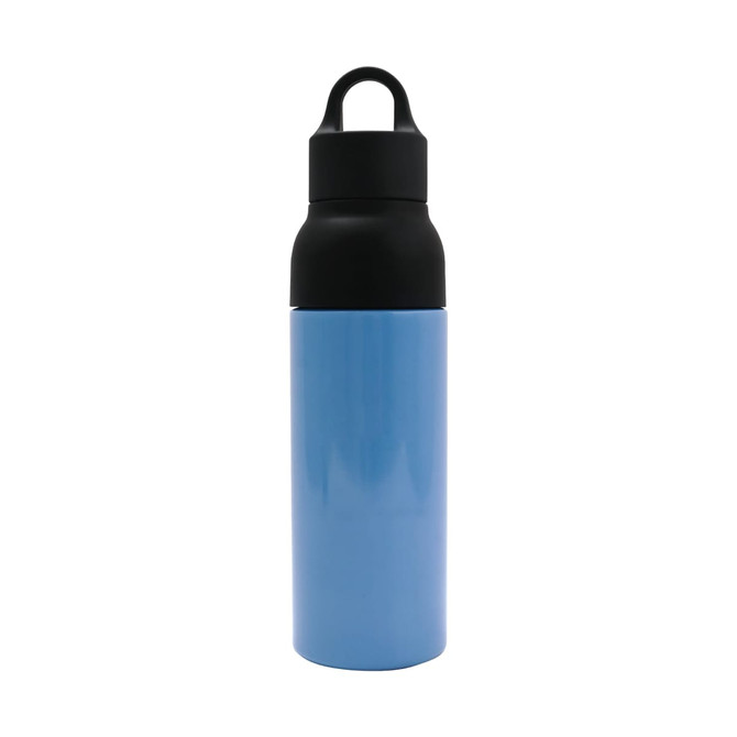 A drink bottle in light blue with a black lid and handle, featuring a logo on its side. A drink bottle in light blue with a black lid and handle, featuring a logo on its side.