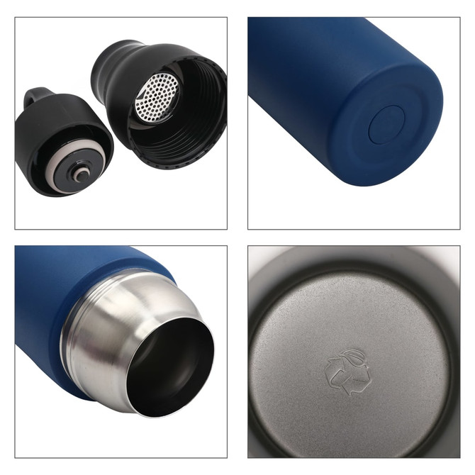 A drink bottle with a navy blue exterior, stainless steel bottom, and a black lid featuring a logo. A drink bottle with a navy blue exterior, stainless steel bottom, and a black lid featuring a logo.