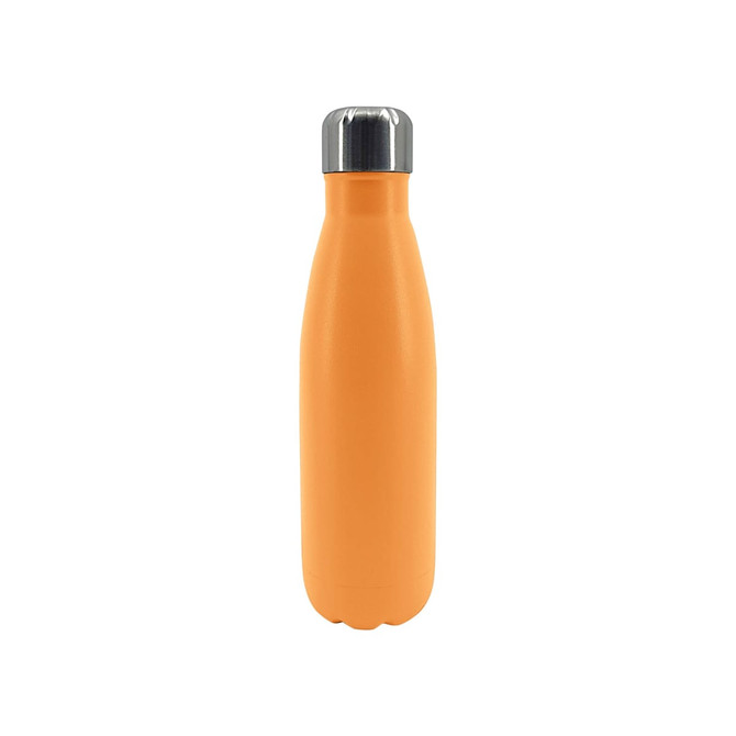 A drink bottle in vibrant orange, made of recycled stainless steel with a double-wall vacuum design and a metallic cap.